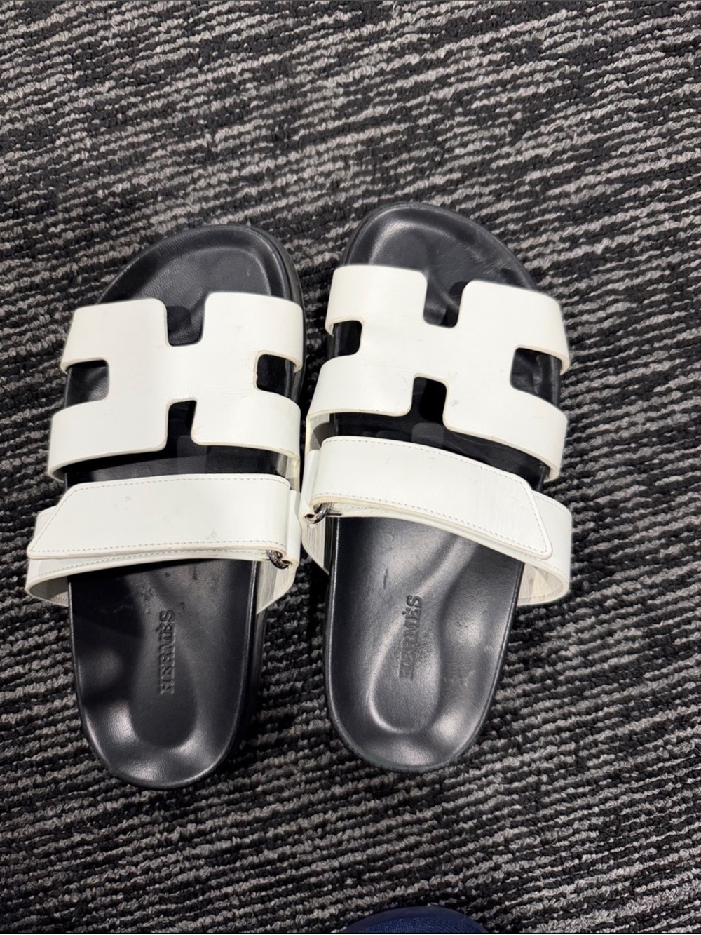 Hermes White Leather Double-Strap Slide Sandals with Black Footbed